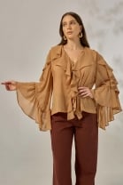 Blusa Manga Longa com Babados Caramelo 