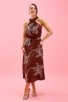Vestido Midi Marrom Estampado