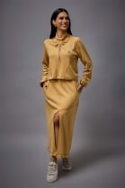 Conjunto de Saia Mídi e Cropped Moletinho Caramelo 