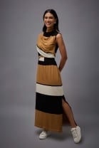 Vestido Longo Gola Alta Listrado Preto e Marrom 