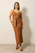 Vestido Midi em Couro Caramelo 