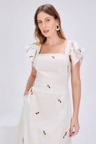 Vestido Midi com Bordado Floral e Mangas Jabô