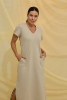 Vestido Longo com Fenda Lateral Caqui