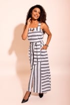 Conjunto de Saia Midi e Blusa de Alça Mix de Listras Preto 