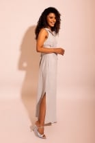Vestido Midi com Abotoamento Frontal Cavado Cinza