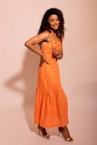 Vestido Midi Fluido Bordado Laranja 