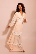 Vestido Manga Longa Rendado Nude