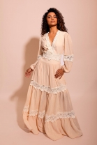 Vestido Manga Longa Rendado Nude