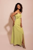  Vestido Longo Com Pregas Alças Finas Verde 