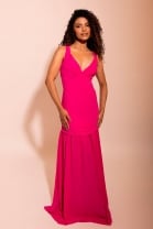 Vestido Rosa Em Crepe Fluido Com Três Camadas De Tecido na Saia