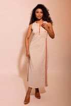 Vestido Midi Fendas Laterais Malha Bege 