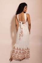 Vestido Midi Bordado com Amarração nas Costas Terra 