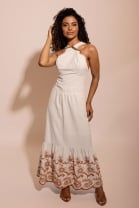 Vestido Midi Bordado com Amarração nas Costas Terra 