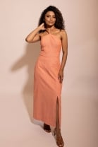 Vestido Midi Detalhe na Gola Laranja 