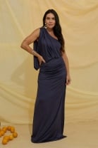 Vestido Longo com Manga Única Azul Marinho