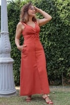 Vestido Midi Alças Bordadas Ferrugem 