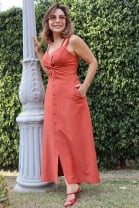Vestido Midi Alças Bordadas Ferrugem 
