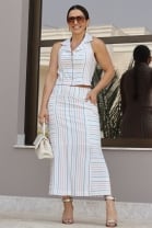 Conjunto de Saia Midi e Colete Mix de Listras Off White 
