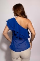 Blusa Ombro Único com Babado Azul