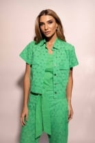 Trijunto Bordado de Calça Top e Camisa Verde