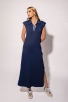 Vestido Longo com Gola Polo Azul Marinho