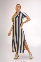 Vestido Longo com Gola Polo Listrado
