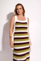 Vestido Mídi com Fendas Laterais Listrado
