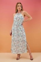 Vestido Longo Bordado com Fendas Laterais Verde