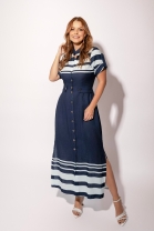 Vestido Longo com Abotoamento Frontal Azul Listrado