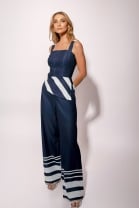 Conjunto de Calça e Blusa Assimétrica Listrada Azul