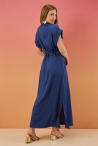 Vestido Longo com Decote V e Bolsos Frontais Azul