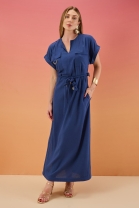 Vestido Longo com Decote V e Bolsos Frontais Azul