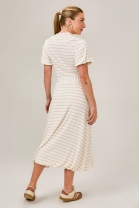 Vestido Mídi Listrado com Decote em V Off White