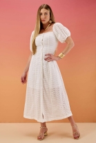 Vestido Longo Bordado com Mangas Bufantes Off White