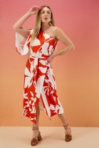 Vestido Mídi com Manga Única Estampado