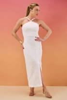 Vestido Longo Justo com Fenda Frontal Off White