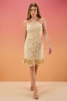 Vestido Curto de Renda com Franja Bege