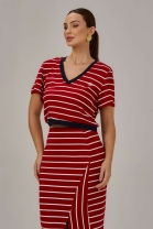 Conjunto Listrado de Saia e Cropped Vermelho