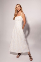 Vestido Longo Bordado com Decote Reto Off White