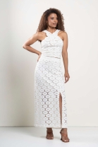 Conjunto de Saia Longa e Blusa Flor 3D Off White