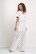 Trijunto de Cal&ccedil;a Top e Camisa em Renda Off White