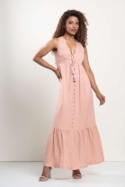 Vestido Longo de Abotoamento Frontal e Decote de Amarração Salmon