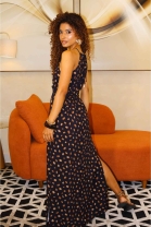 Vestido Longo Preto com Estampa Caf&eacute; 