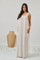 Vestido Longo com Fenda Lateral Bege