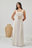 Vestido Longo com Fenda Lateral Bege