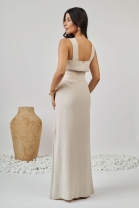Vestido Longo com Fenda Lateral Bege