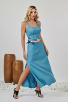Conjunto de Saia Midi com Fenda e Cropped Azul