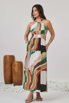 Vestido Midi Estampado com Alças de Amarração