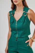 Conjunto de Calça e Cropped com Detalhes em Fivela