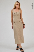 Vestido Midi com Detalhes em Lapela Bege